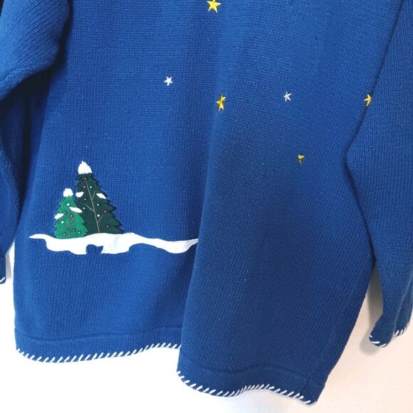Vintage 90s Quacker Factory Christmas Village Cardigan Sweater Blue Size L - Picture 10 of 13